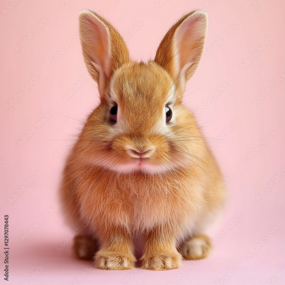 Obraz premium Adorable brown bunny sitting against a soft pink backdrop, showcasing its fluffy fur and curious expression.