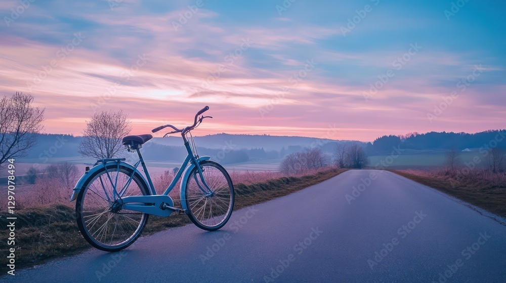 Fototapeta premium A bicycle sits on a road with beautiful sunrise colors