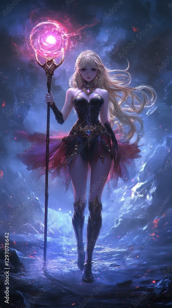 Obraz premium Enchantress of the Cosmos: An alluring sorceress, radiant in a starlit scene, wields a mystical staff crowned with celestial energy.