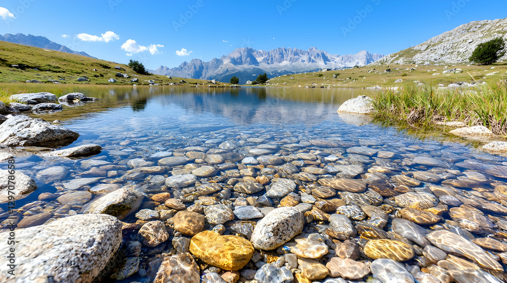 Fototapeta premium Mountain lake reflection, clear water, rocks, summer (1)
