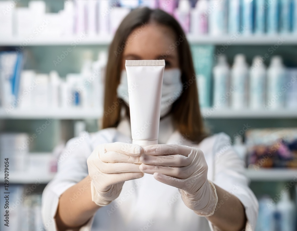 Health professional offers skincare product in pharmacy, focusing on customer care and safety, mockup Health professional offers skincare product in pharmacy, focusing on customer care and safety, mockup