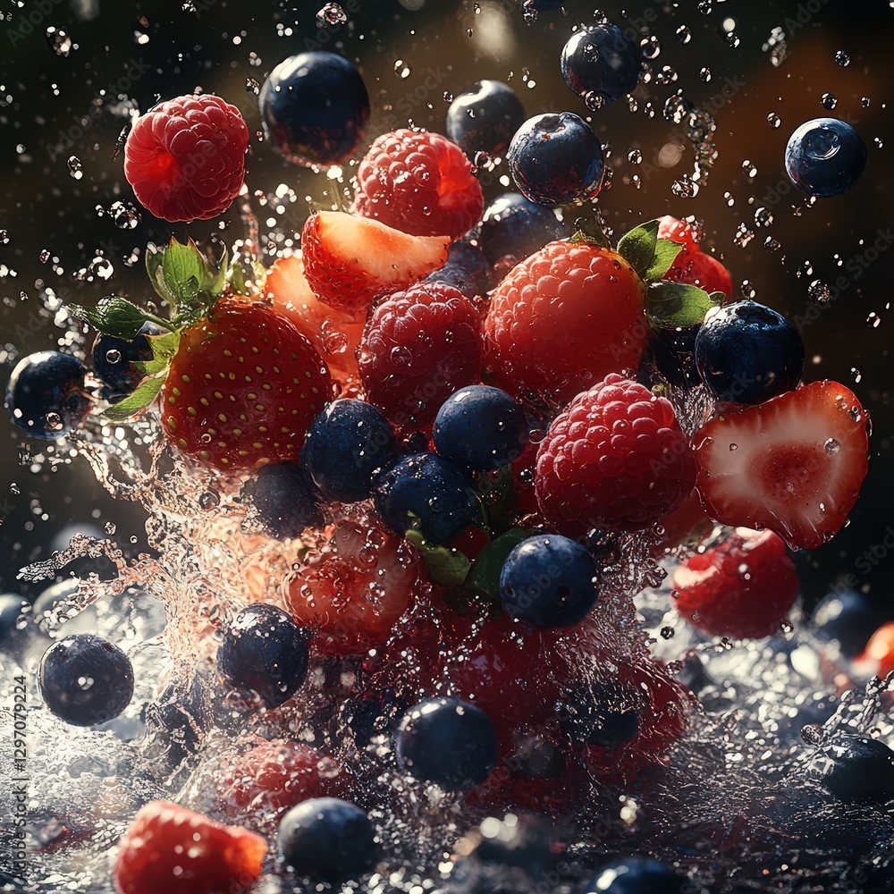Strawberries, Blueberries, Raspberries Exploding into a Splash of Juice Strawberries, Blueberries, Raspberries Exploding into a Splash of Juice