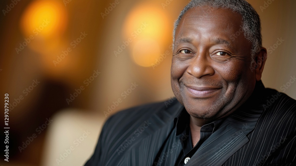 Confident older man in a black suit smiling warmly, exuding charm and approachability against a blurred background. Confident older man in a black suit smiling warmly, exuding charm and approachability against a blurred background.