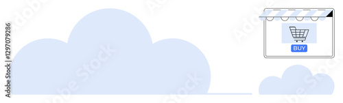 Blue clouds and a storefront graphic with shopping cart and BUY button. Ideal for e-commerce, cloud storage, digital marketing, online shopping, SaaS, internet services, cloud technology. Clean