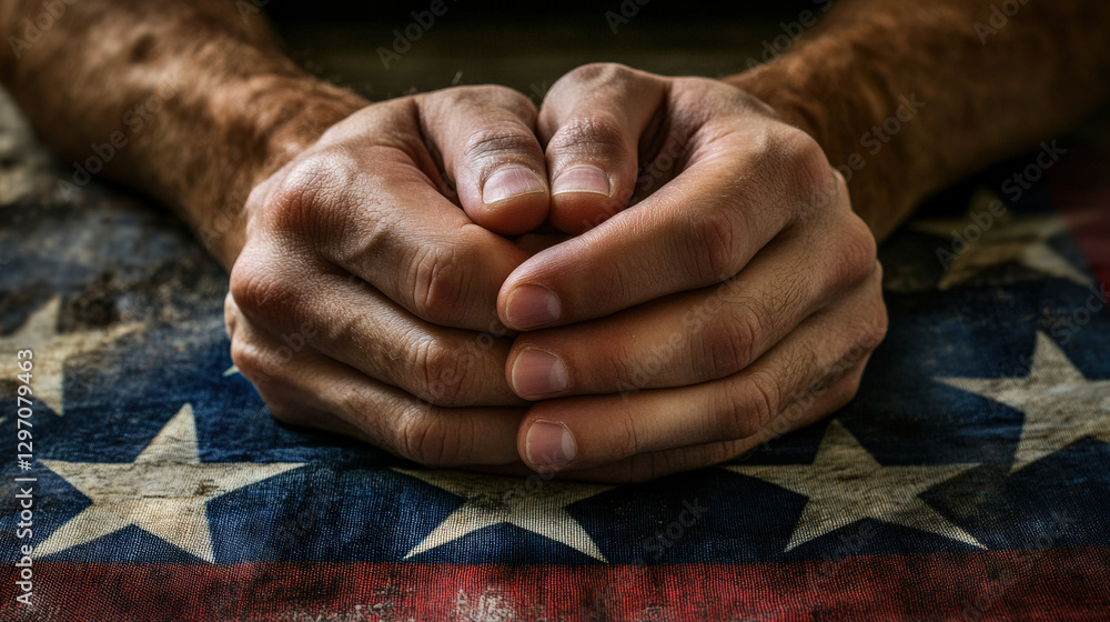 Fototapeta premium Hands Clasped in Prayer on an American Flag Representing Hope, Faith, and Patriotism