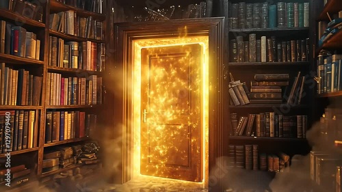A mystical library with a glowing door, surrounded by towering bookshelves and swirling smoke