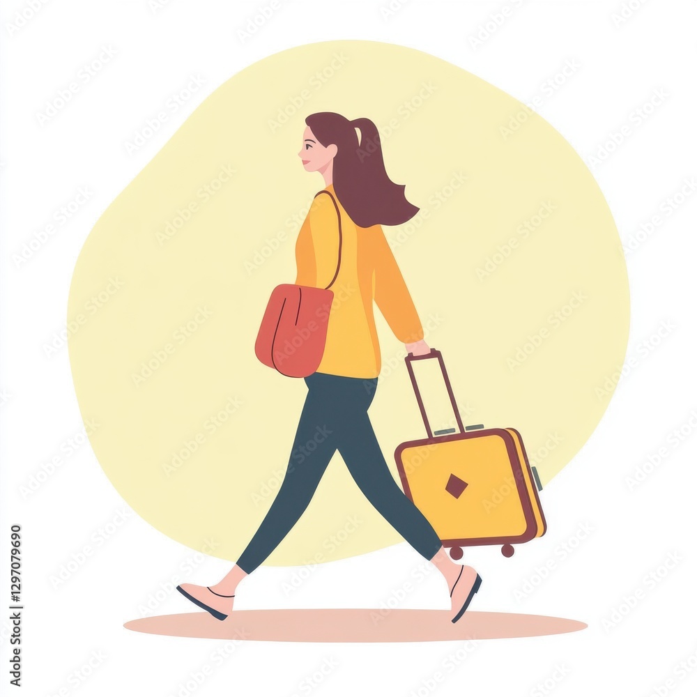 A young woman with long brown hair walks confidently, pulling a suitcase and carrying a red bag. A young woman with long brown hair walks confidently, pulling a suitcase and carrying a red bag.