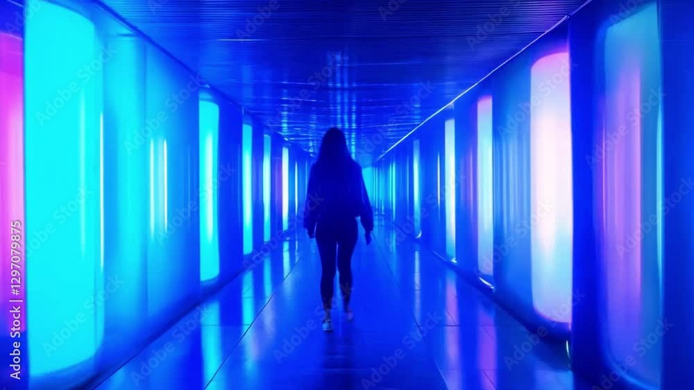 Scene of woman walking down the hall with vibrant neon lights, smooth repetitive motion for background video animation Scene of woman walking down the hall with vibrant neon lights, smooth repetitive motion for background video animation