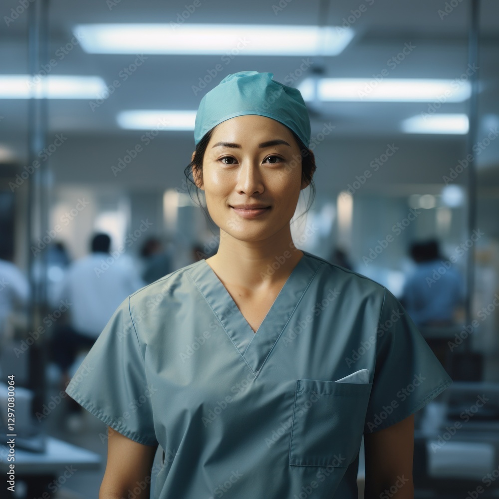 Portrait of a smiling female nurse at hospital corridor. Asian Doctor or Nurse in hospital corridor with stethoscope. Healthcare. Medical concept with copy space. Portrait of a smiling female nurse at hospital corridor. Asian Doctor or Nurse in hospital corridor with stethoscope. Healthcare. Medical concept with copy space.