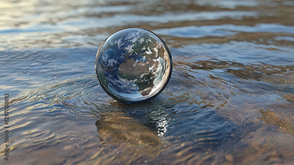 A globe rests in shallow water, reflecting Earth's continents, symbolizing fragility and interconnectedness. Ideal for environmental awareness campaigns. A globe rests in shallow water, reflecting Earth's continents, symbolizing fragility and interconnectedness. Ideal for environmental awareness campaigns.