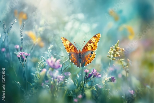 A beautiful orange butterfly rests among vibrant colorful flowers in a field