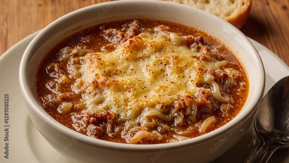 Delightful French onion soup featuring caramelized onions in savory broth topped with gooey Gruyre cheese and served with a toasted baguette slice Delightful French onion soup featuring caramelized onions in savory broth topped with gooey Gruyre cheese and served with a toasted baguette slice