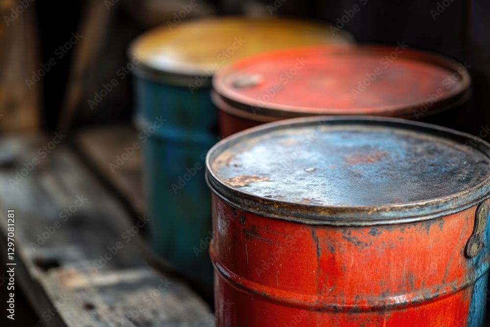 A collection of metal drums arranged on a wooden table, ready for use or display A collection of metal drums arranged on a wooden table, ready for use or display