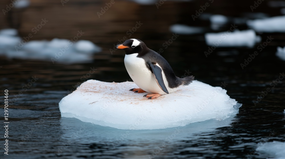 Obraz premium A penguin standing on a small ice floe, surrounded by melting ice in the ocean. This image highlights the effects of climate change and its impact on polar wildlife and ecosystems.