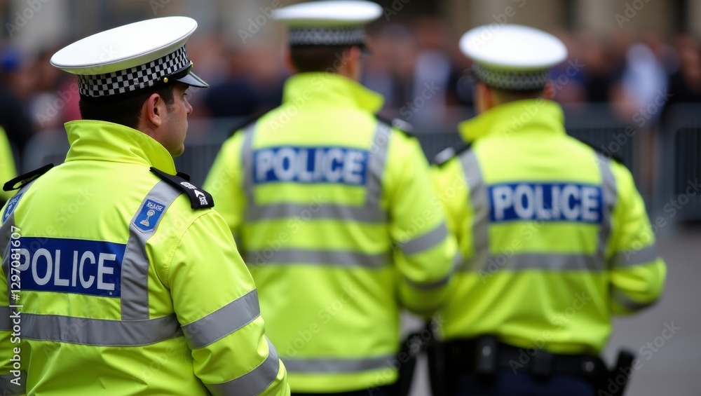 Highvisibility police officers on duty in a crowded urban setting Highvisibility police officers on duty in a crowded urban setting