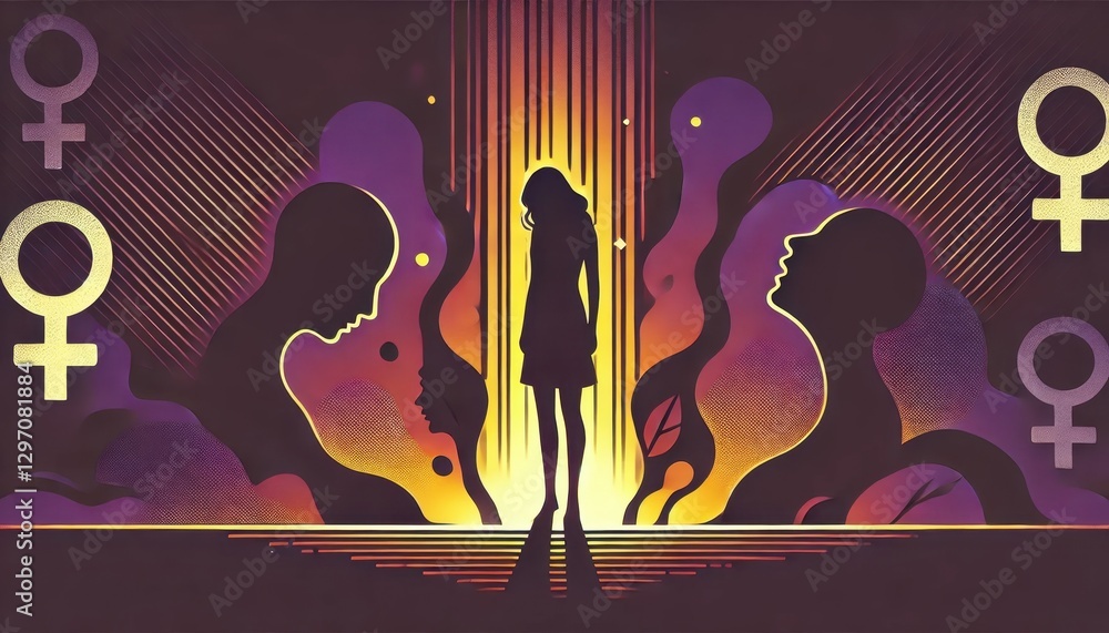 Conceptual illustration on gender violence, resilience and hope. AI generated.