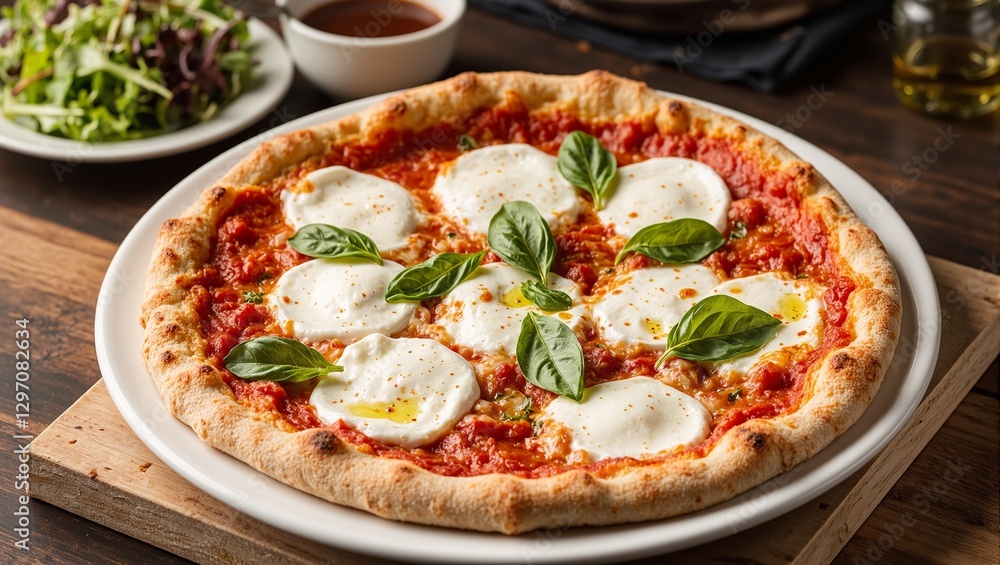 Delicious Margherita pizza with fresh basil melty mozzarella and a golden crispy crust served with a side of balsamic drizzled mixed greens Delicious Margherita pizza with fresh basil melty mozzarella and a golden crispy crust served with a side of balsamic drizzled mixed greens