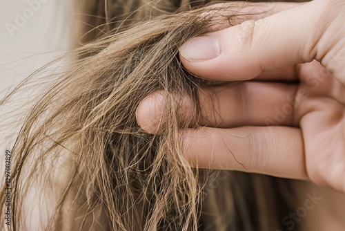 Close-up of a woman with long, dry, and frizzy hair, showing visible split ends and rough texture. 