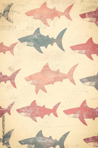 Miniature sharks forming a repeated pattern across a vintage wallpaper
