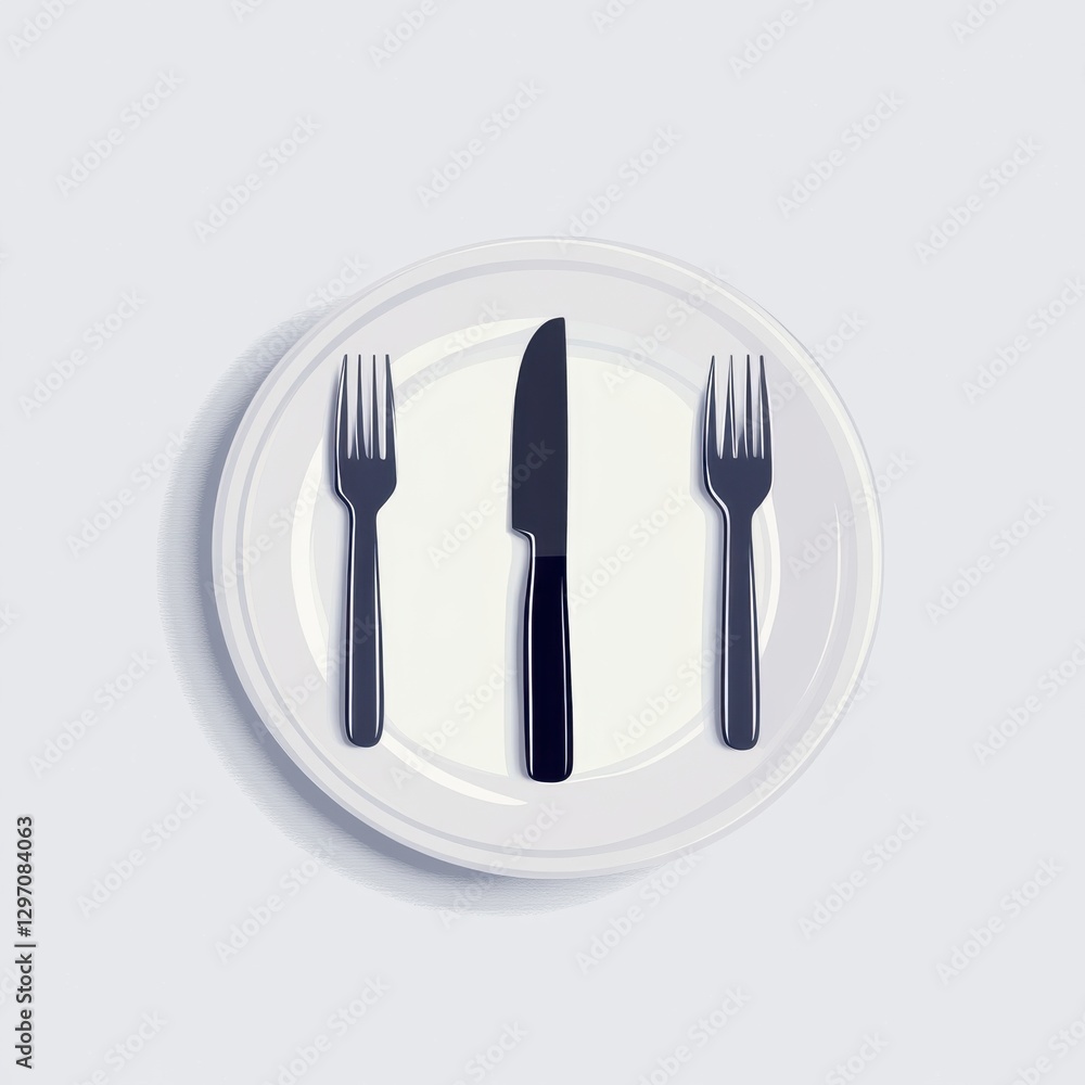 An elegant dining setting featuring a white plate and sleek black cutlery. An elegant dining setting featuring a white plate and sleek black cutlery.