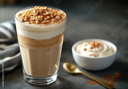 Creamy coffee beverage topped with chopped nuts in a glass and a bowl of whipped cream on a dark surface with kitchen towel in the background