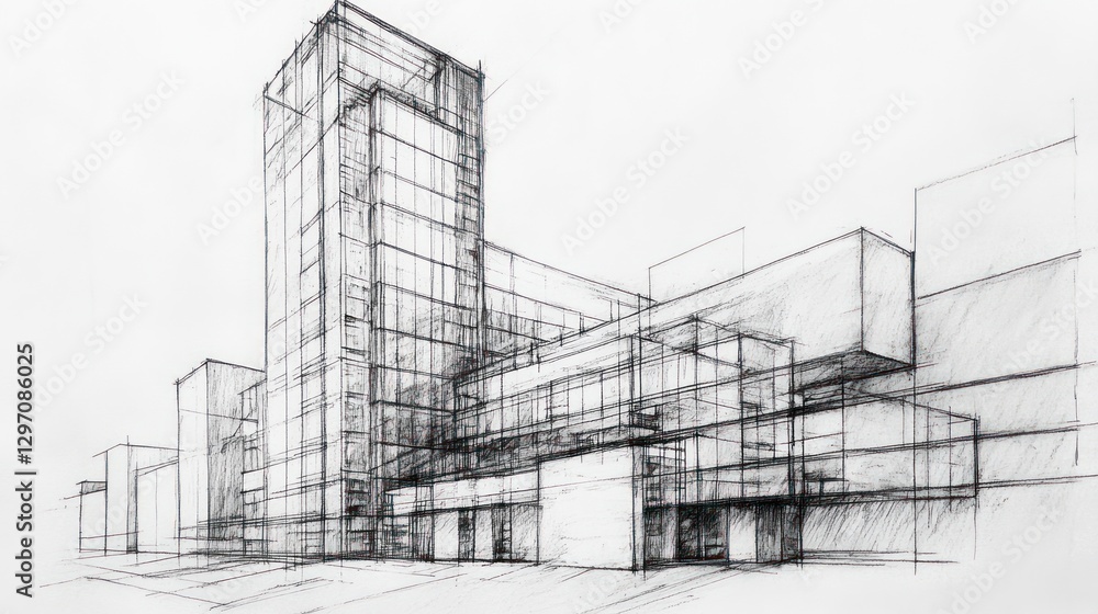 Modern skyscraper sketch, city skyline, architectural design, urban planning Modern skyscraper sketch, city skyline, architectural design, urban planning