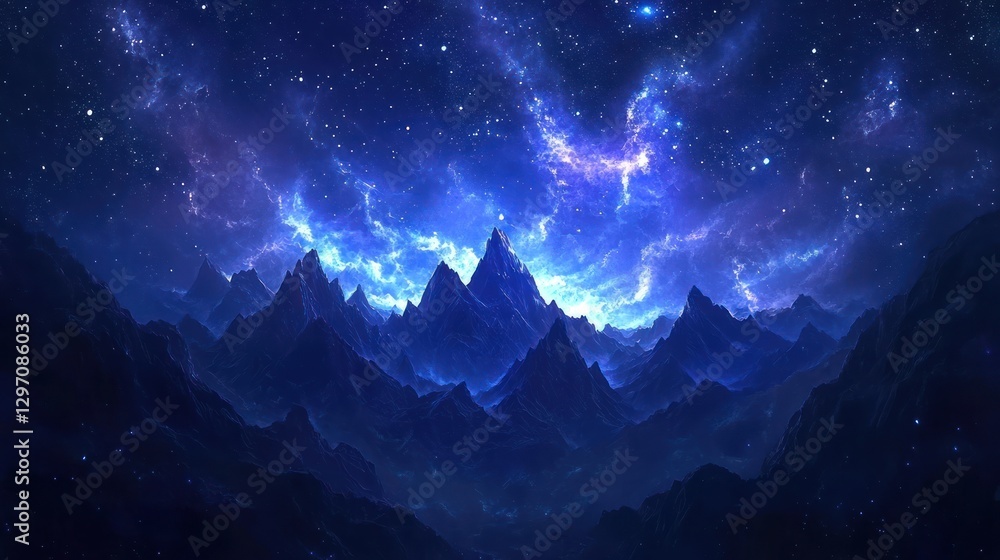 Blue nebula over majestic mountains at night; fantasy landscape Blue nebula over majestic mountains at night; fantasy landscape