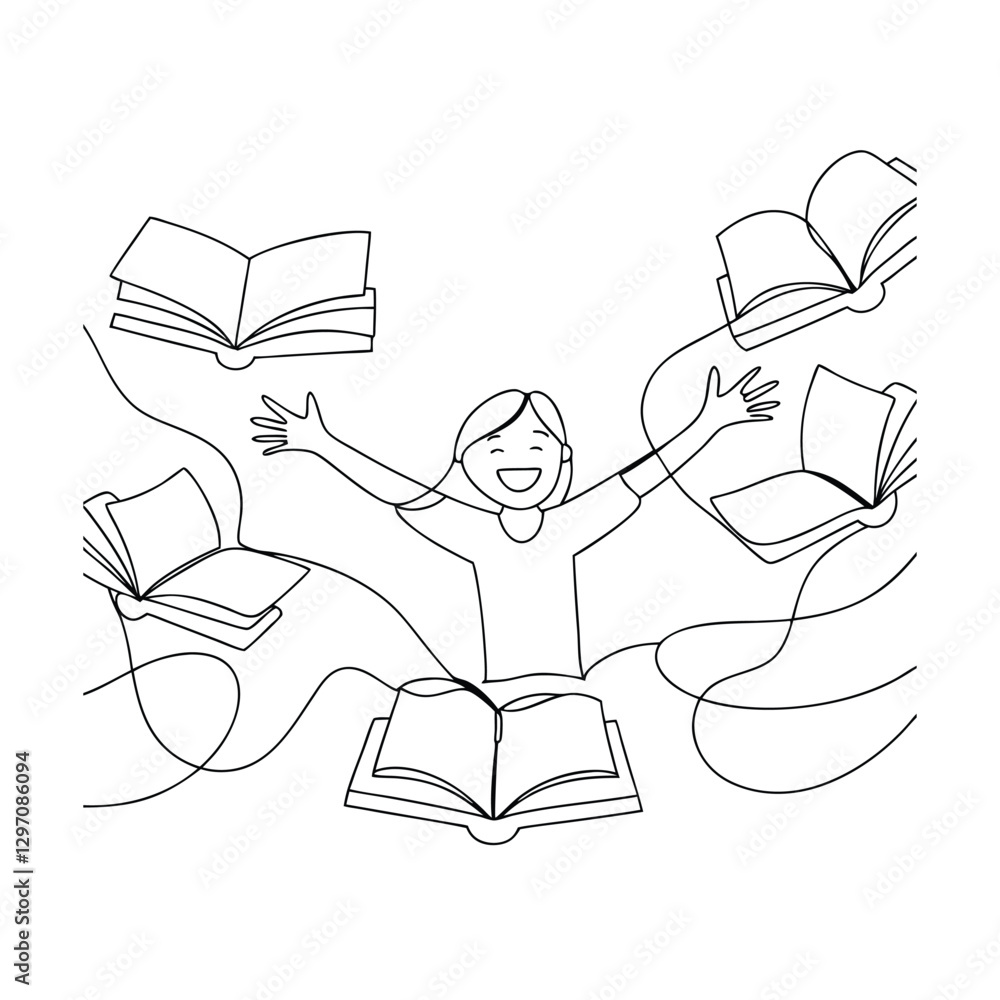Joyful Girl Surrounded by Flying Open Books, Reading Fun Joyful Girl Surrounded by Flying Open Books, Reading Fun