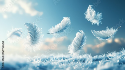 Floating white feathers against a soft sky, symbolizing tranquility and dreams. Great for spa, wellness, beauty, or any calming, ethereal, or inspirational project.