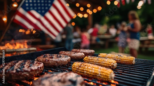 Grilled burgers and corn on the cob with an American flag backdrop, representing summer fun and patriotism. Ideal for holiday, picnic, or food concepts.