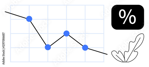 Wallpaper Mural Line graph with blue data points on a grid background showing a downward trend. Black percentage sign and simple leaf design. Ideal for financial analytics, market decline, economic assessment, data Torontodigital.ca