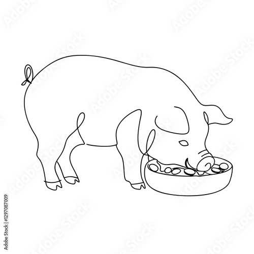 SingleLine Drawing of a Pig Eating from a Bowl