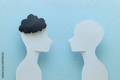 Image of two figures, one of them has a black cloud of worry in his head and is relieved by talking to the other figure. Mental health concept.