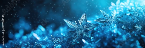 Winter wonderland captures beautiful snowflakes sparkling under blue light in a serene environment. Generative AI