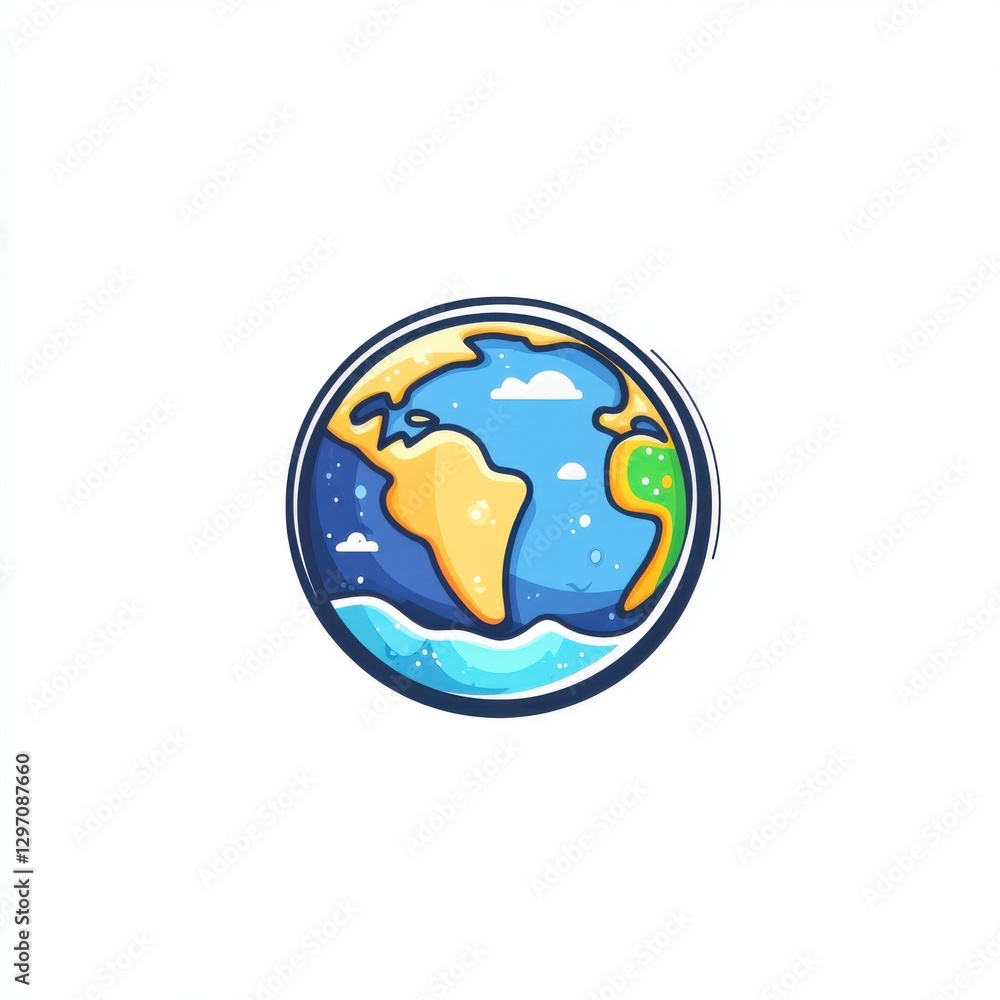 Colorful cartoon globe illustrating continents with blue oceans and a bright, sunny sky. Colorful cartoon globe illustrating continents with blue oceans and a bright, sunny sky.