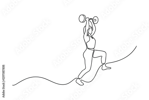 One line drawing fitness woman weightlifting dumbbell exercise workout strength