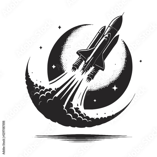 Rocket launch silhouette in circular design for technology blogs, space-themed websites, startup branding, science education materials, and innovation presentations