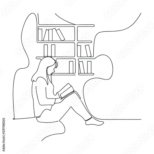 Woman Reading Book, Library Bookshelf, Single Line Art Drawing