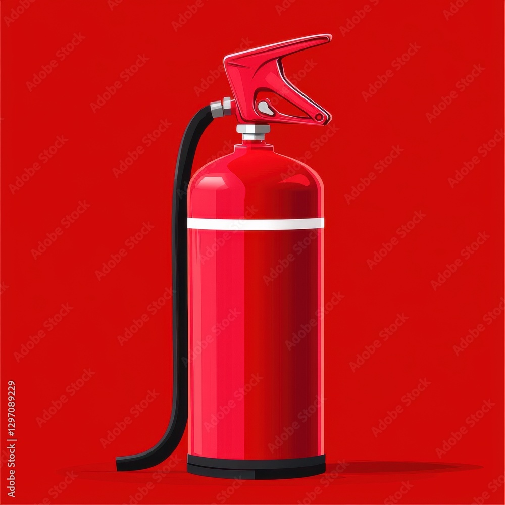Obraz premium A vibrant red fire extinguisher with a black hose, set against a bold red background for high visibility.