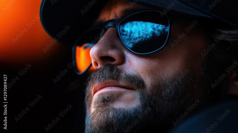 Man with sunglasses and a beard enjoys a moment of reflection in a serene environment during daylight hours Man with sunglasses and a beard enjoys a moment of reflection in a serene environment during daylight hours