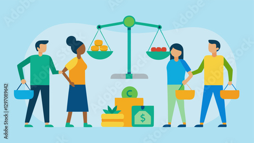 Shared Grocery Services An illustration of people pooling resources to buy groceries in bulk with a scale balancing individual contributions against overall savings.