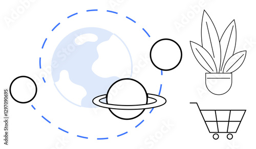 Planet with orbiting celestial bodies, houseplant in pot, and shopping cart. Ideal for sustainability, environment, commerce, space exploration, lifestyle shopping minimalism. Abstract line flat