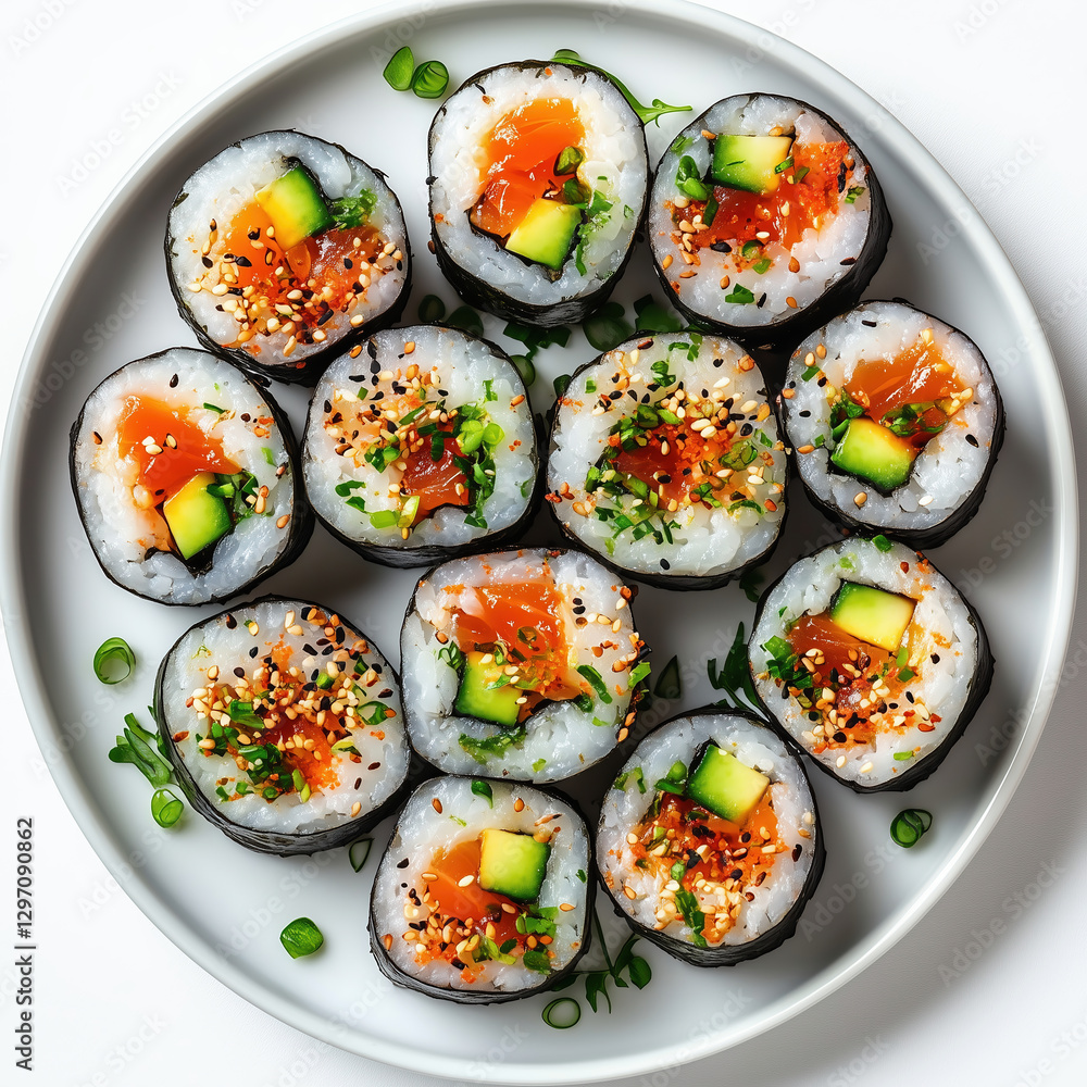 Delicious Sushi Platter: Fresh Rolled Maki with Salmon, Cucumber & Seaweed for a Taste of Japanese Cuisine Delicious Sushi Platter: Fresh Rolled Maki with Salmon, Cucumber & Seaweed for a Taste of Japanese Cuisine