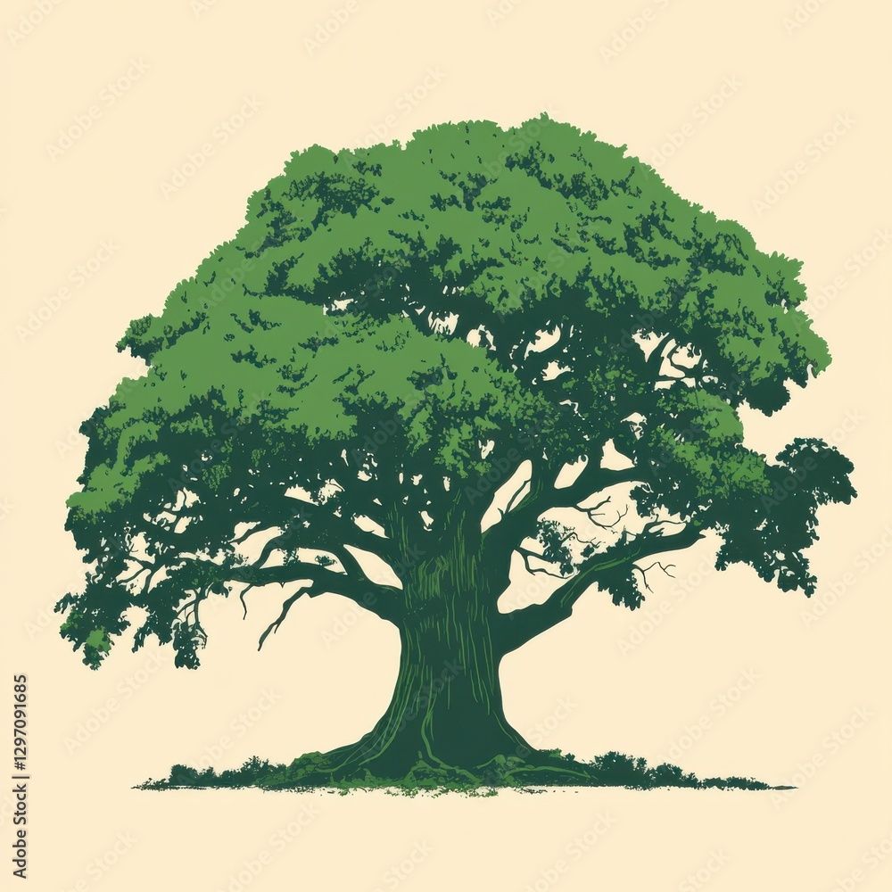 Obraz premium A majestic green oak tree showcasing a full canopy against a soft cream background.
