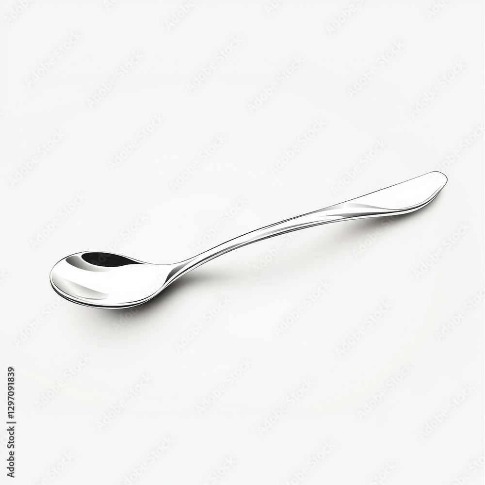 A sleek, modern silver spoon elegantly positioned on a light background. A sleek, modern silver spoon elegantly positioned on a light background.