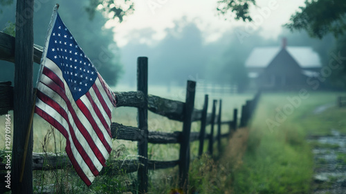 American Flag Hanging on a Rustic Wooden Fence in a Foggy Countryside with a Barn in the Background