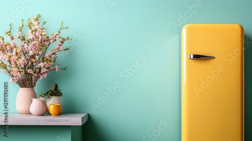 A striking yellow refrigerator stands against a vibrant turquoise wall, adorned with flowering plants in a stylish arrangement that evokes freshness and liveliness.