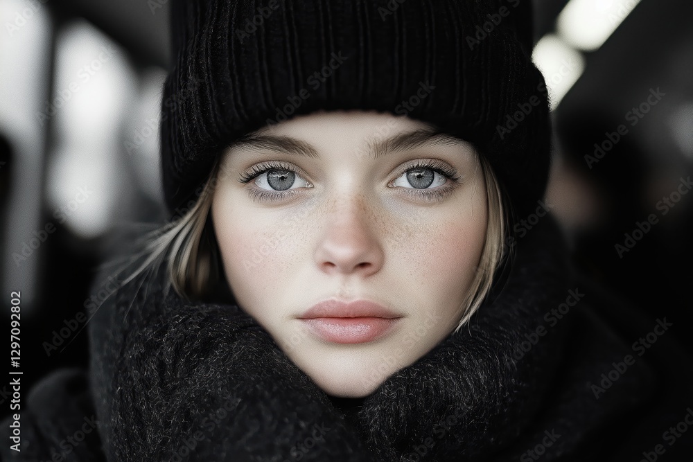 Woman with captivating blue eyes wearing a black beanie and scarf on a chilly day in a public transportation setting Woman with captivating blue eyes wearing a black beanie and scarf on a chilly day in a public transportation setting