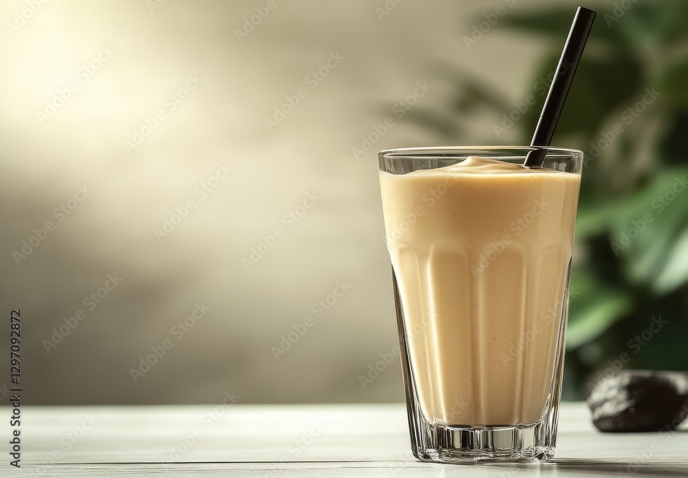 Creamy Smoothie in a Glass with Straw Against a Soft Focus Background Featuring Natural Green Elements and Warm Lighting Creamy Smoothie in a Glass with Straw Against a Soft Focus Background Featuring Natural Green Elements and Warm Lighting
