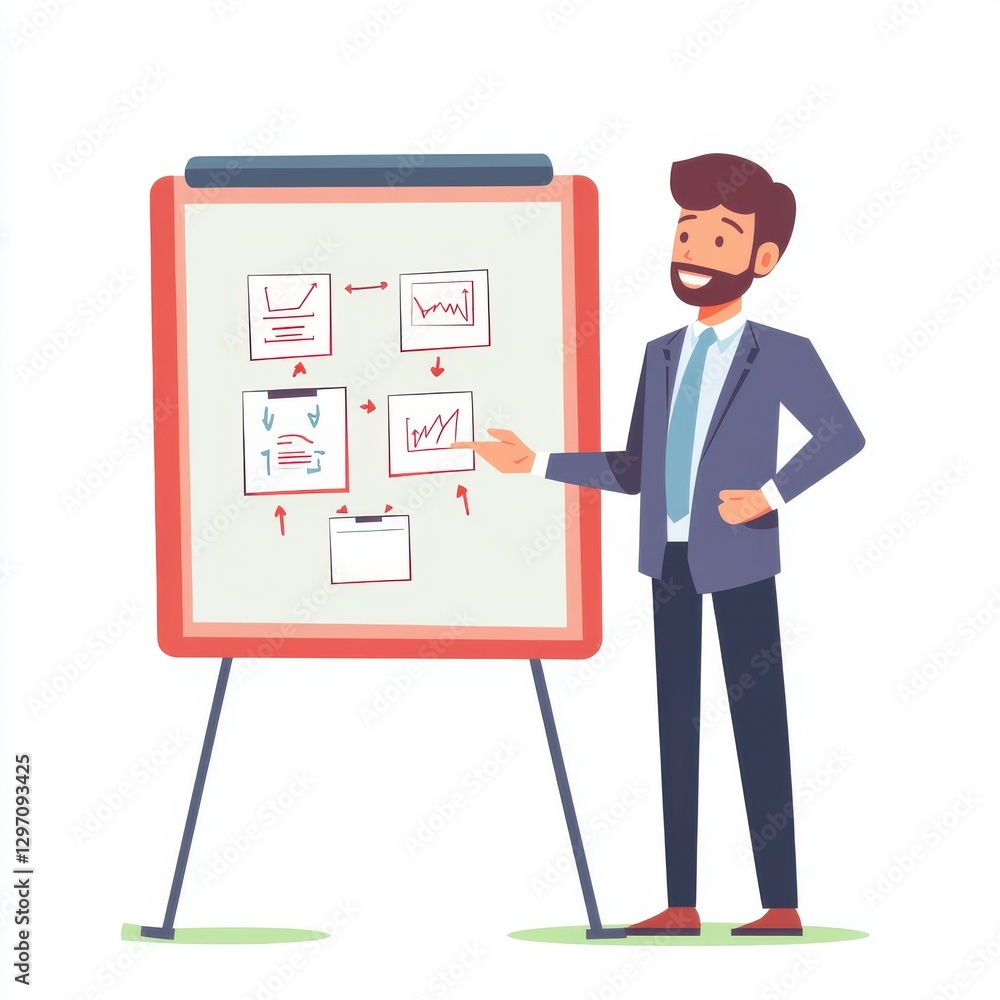 A cheerful young man presenting a marketing strategy on a flip chart in a professional setting. A cheerful young man presenting a marketing strategy on a flip chart in a professional setting.